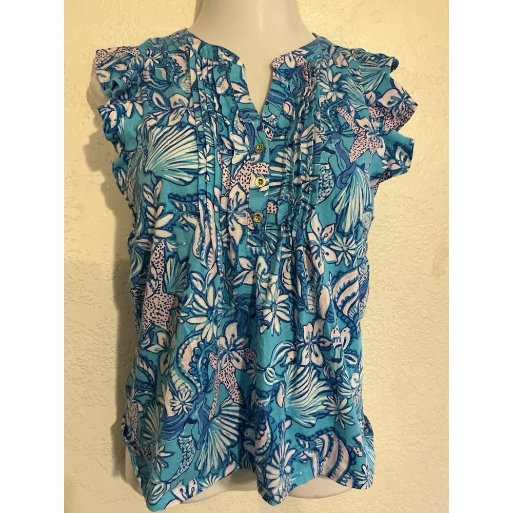 Lilly Pulitzer Flutter Short Sleeve Golda Top Amalfi Blue Sound Sirens Small